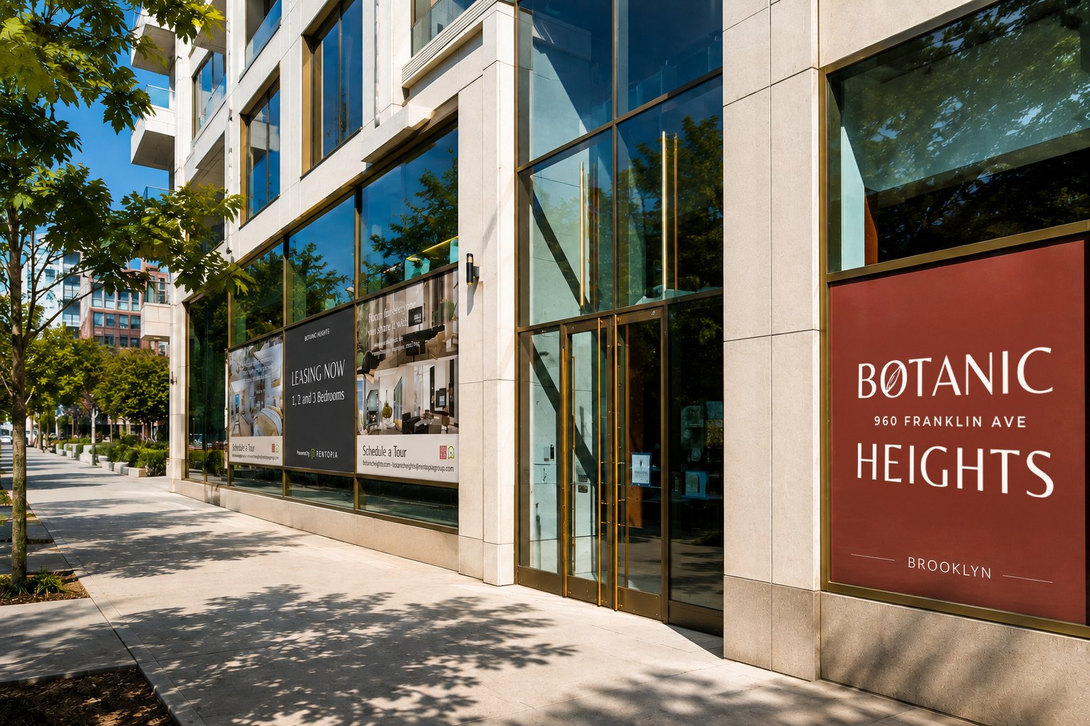 Botanic Heights signage at 960 Franklin Avenue, Crown Heights, Brooklyn, the wordmark set over the address