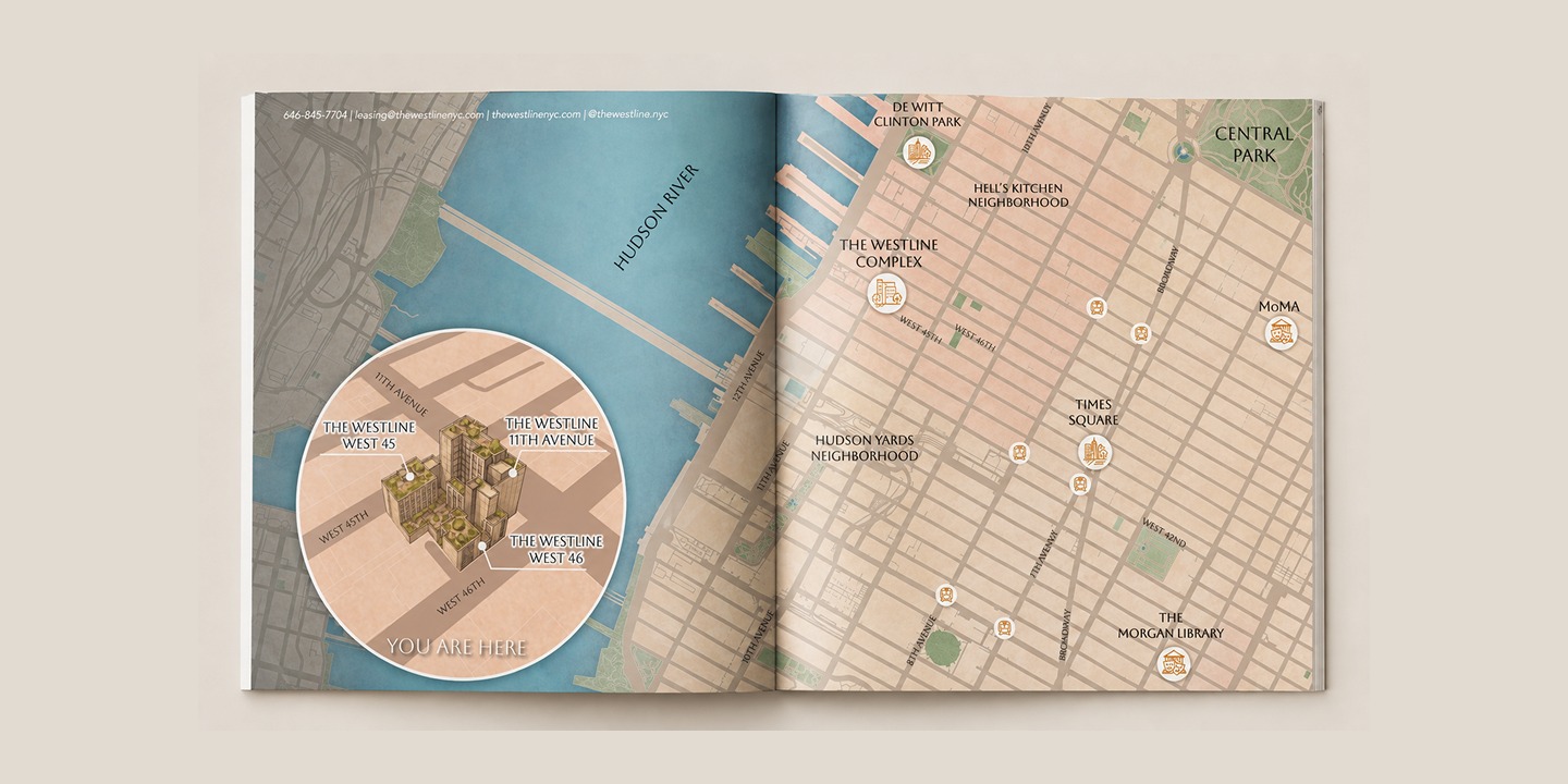 Illustrated map of Hudson Yards and Hell's Kitchen in The Westline brochure