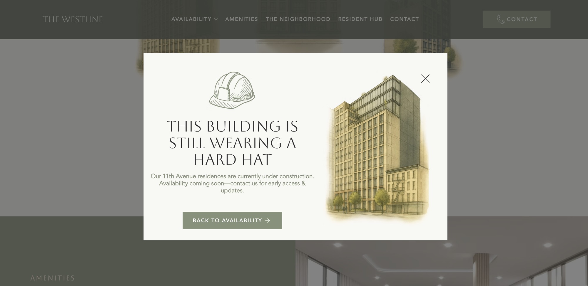 Pre-launch pop-up on The Westline website for the 11th Avenue building, still under construction