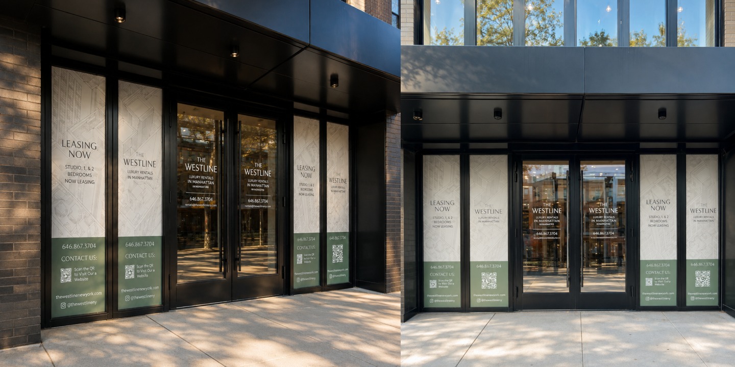 Leasing window graphics at a Westline entrance in Hudson Yards, Manhattan
