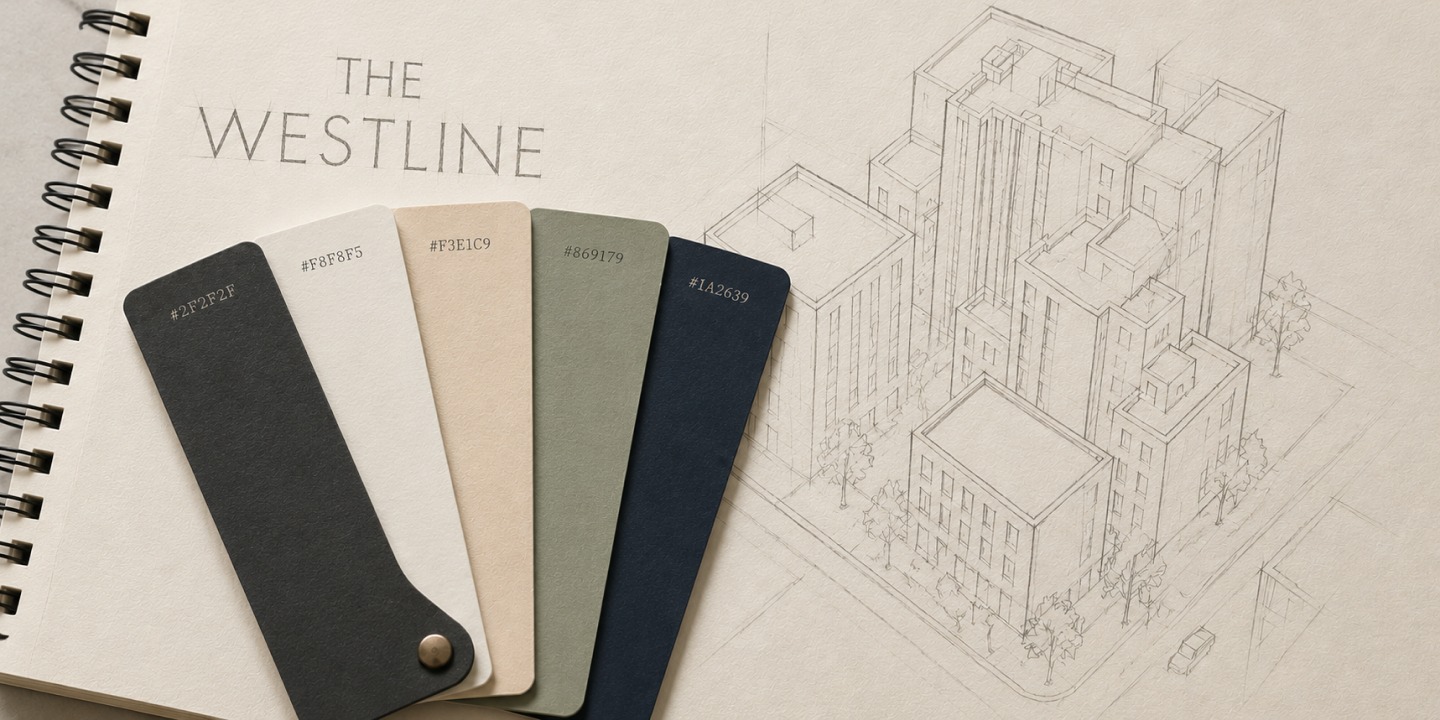 The Westline brand palette, champagne, slate, eucalyptus and deep navy, over an architectural sketch of the three buildings